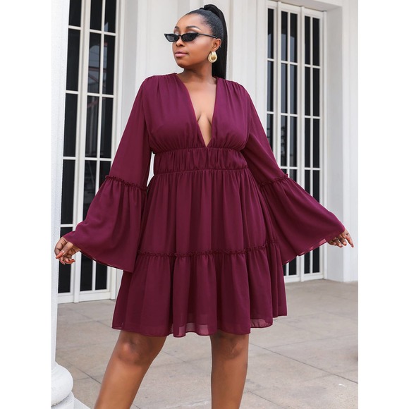 Plus Size Flare Sleeve Plunge Mini Dress - Picture 1 of 6